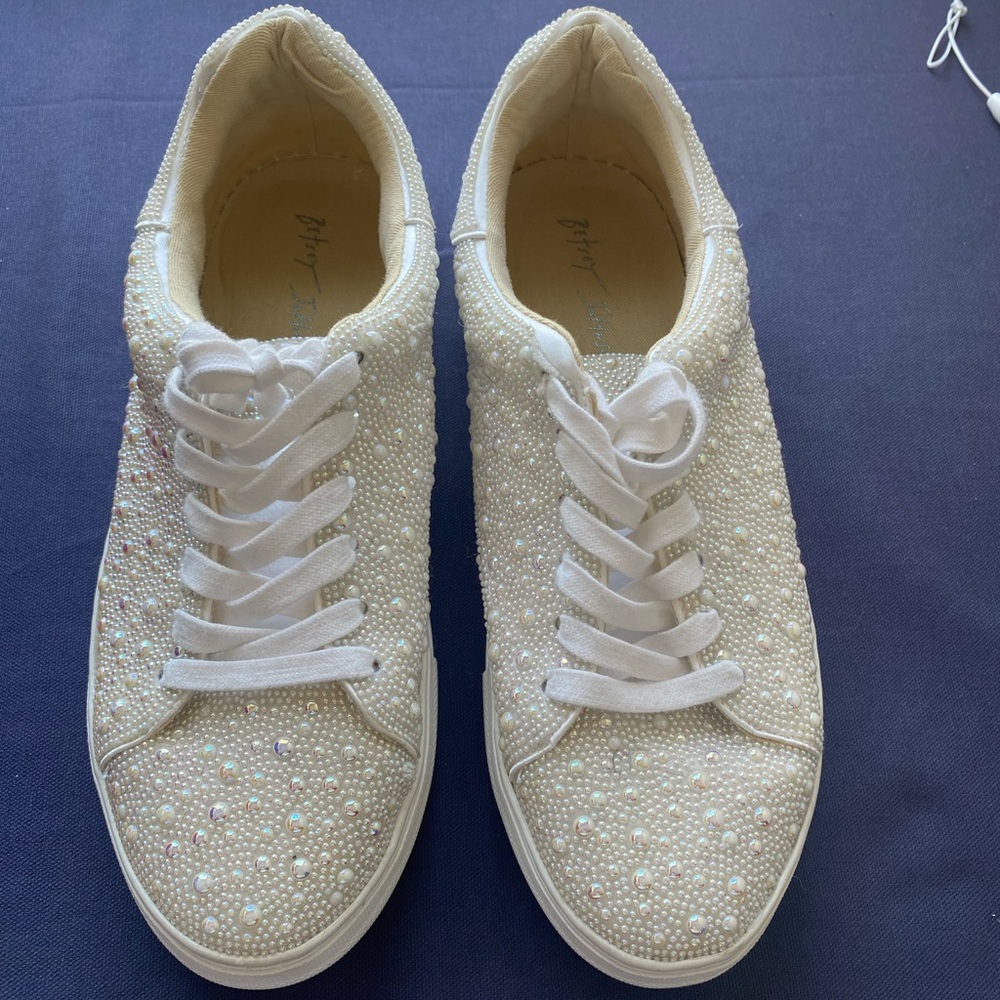 Betsey Johnson White Pearl Embellished Women's Sneakers